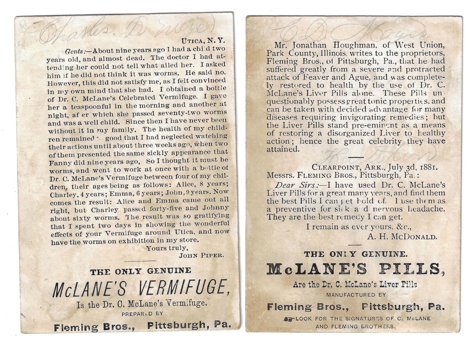 1884 James Blaine John Logan Altoona PA Mateer Trade Cards Adv McLane’s Medicine