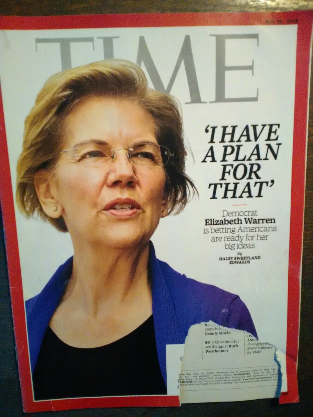 TIME MAGAZINE ISSUE # 05/20 2019 DEMOCRAT ELIZABETH WARREN TIME MAGAZINE