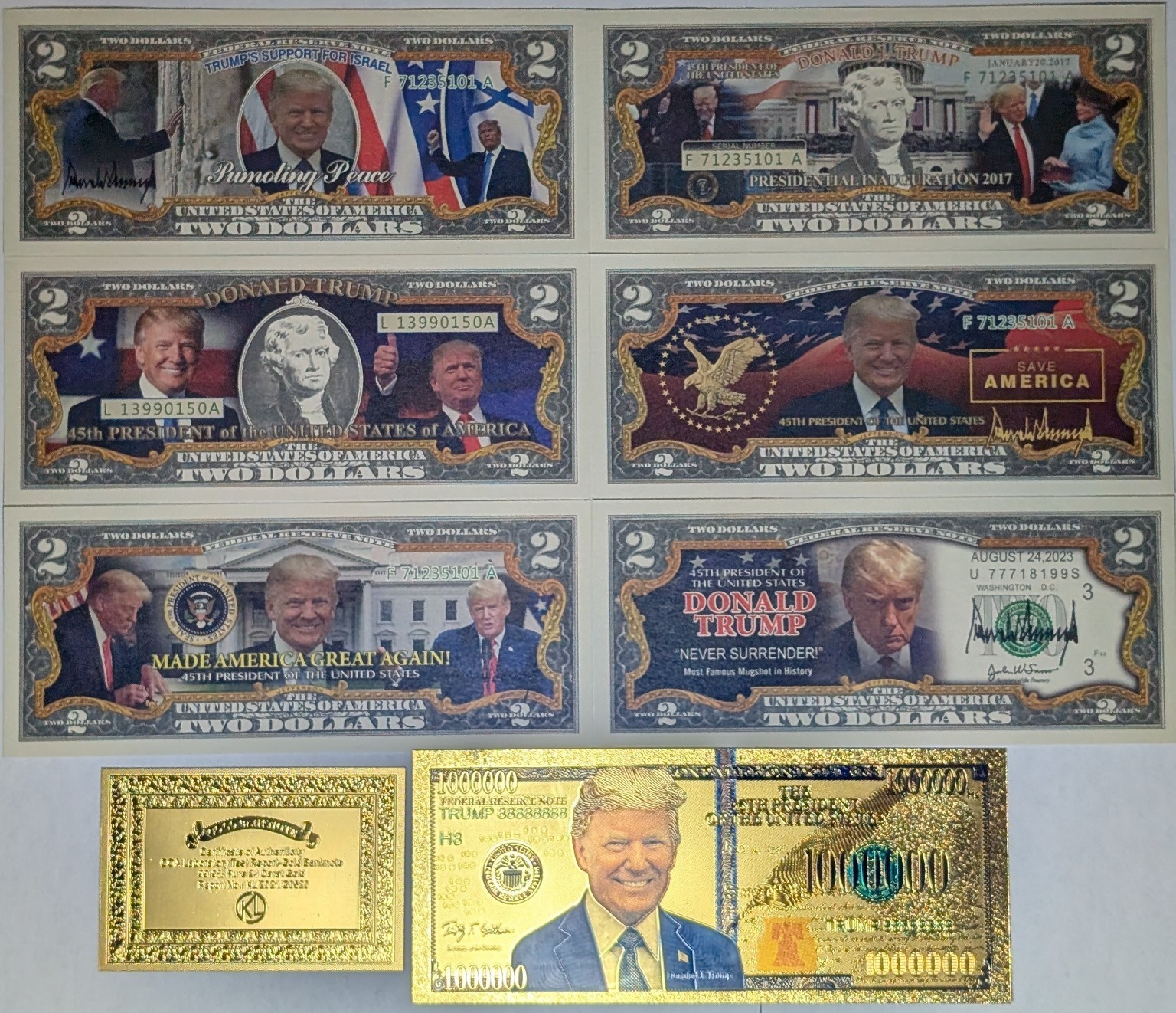 Donald Trump Commemorative Note Collection 6 Designs + Gold $1,000,000 Foil Note