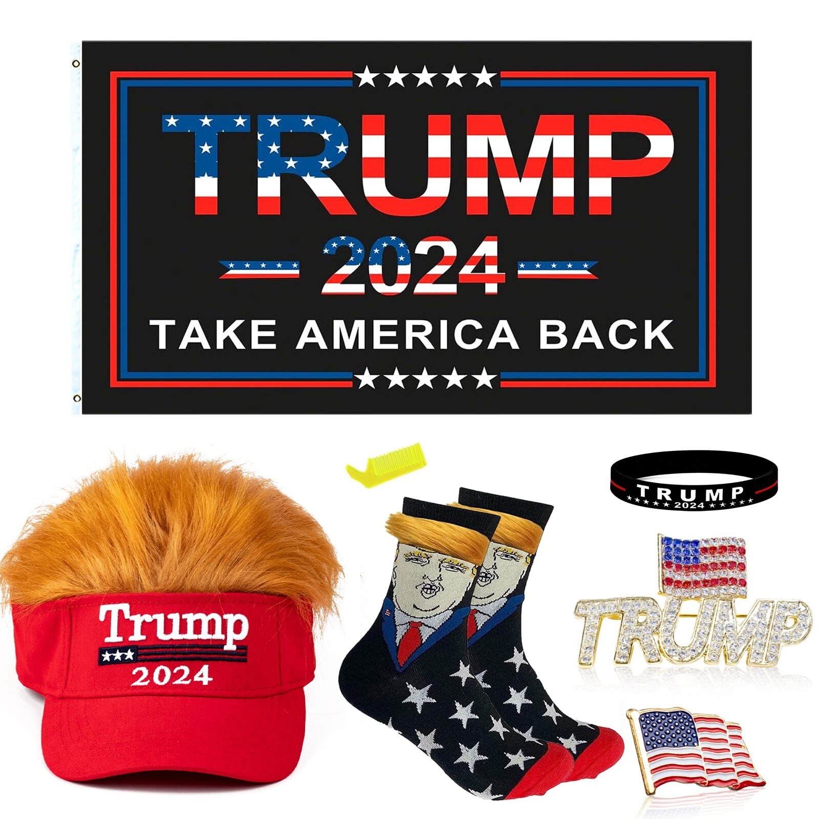 2024 Trump America Flag 3x5ft Wig Hair Hat MAGA Socks w/USA Flag Trump Lapel Pin