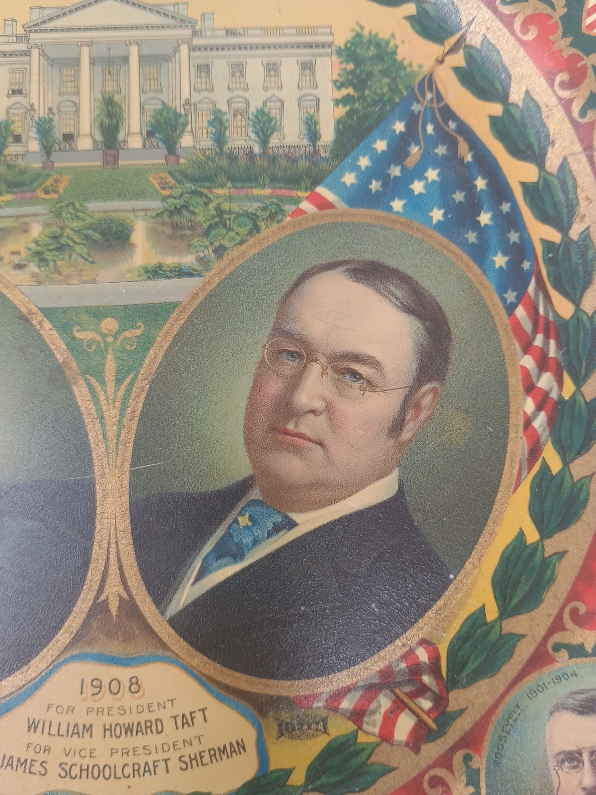 antique political 1908 tin plate Republican Wm Taft and James Sherman original