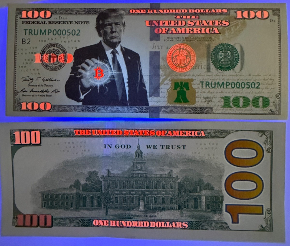 Donald Trump 45-47 BTC President, One Hundred Dollars 2025 NOVELTY Bill, UV Pass