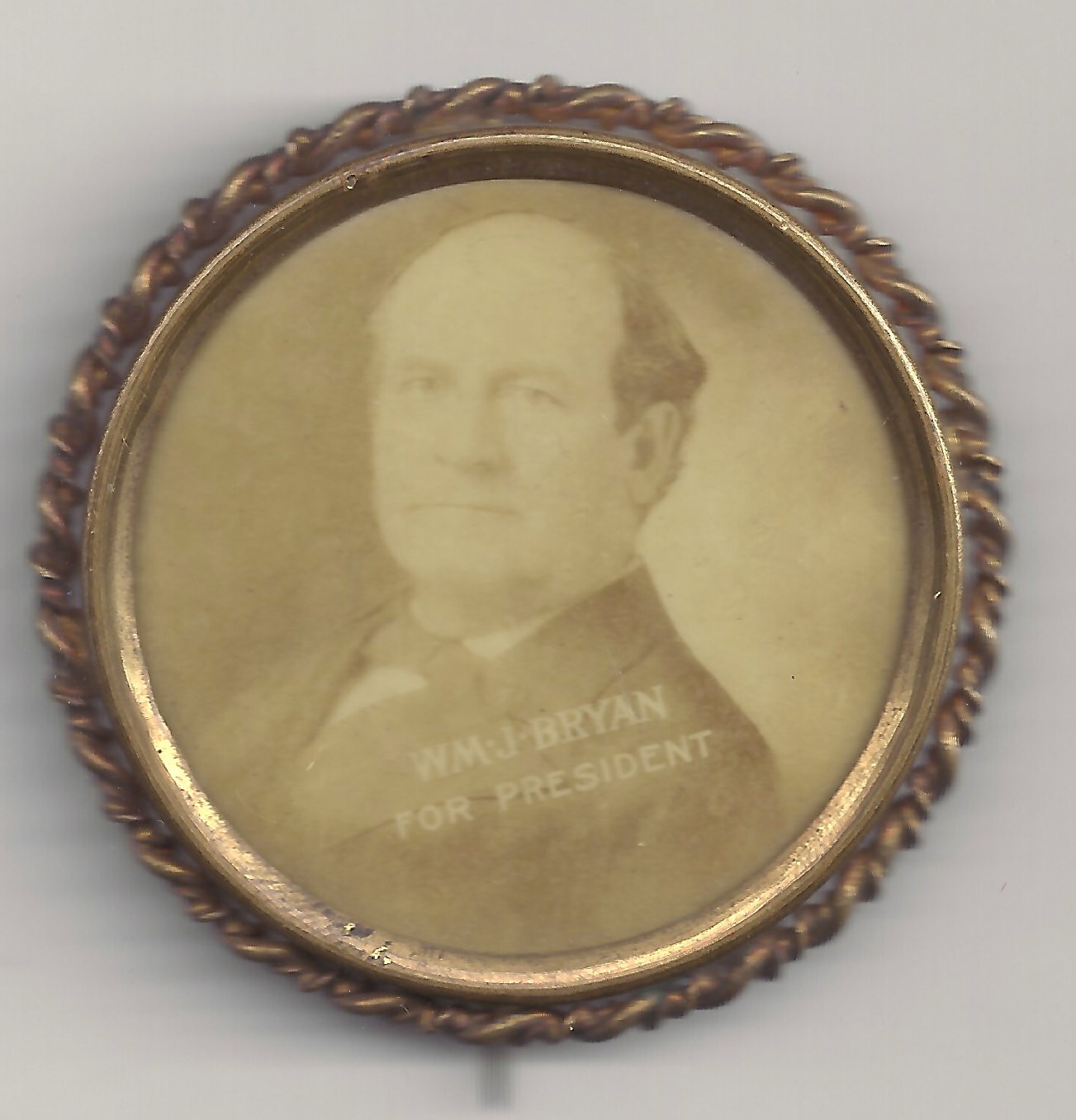 2″ Wm J Bryan For President Sepia Photo Pin w/ Metal Filigree Border & Backpaper