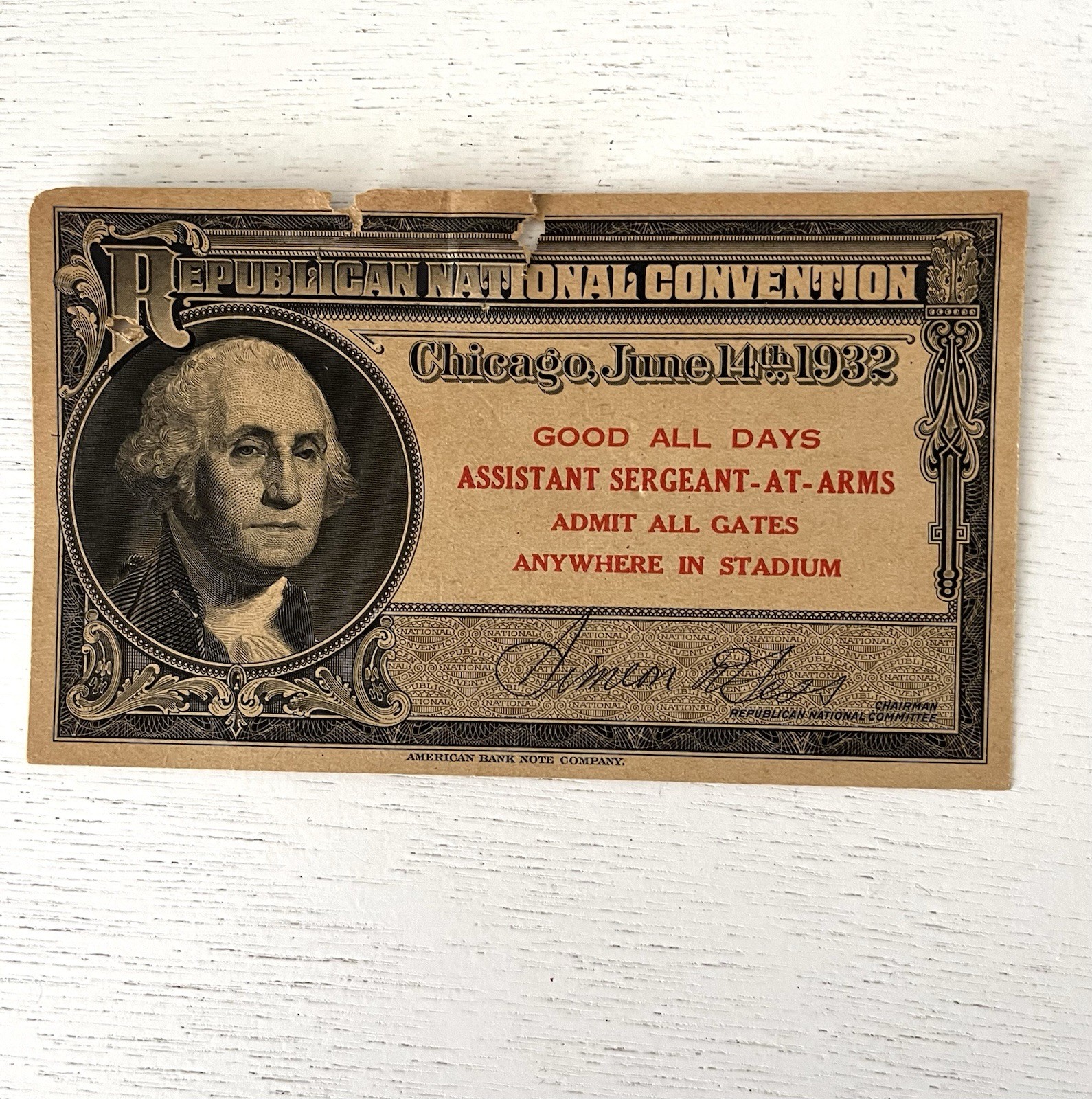1932 GOP Convention Chicago Depression Era Certificate & Badge American Bank