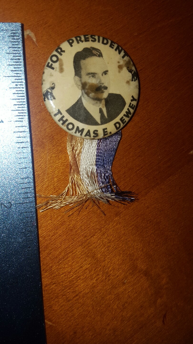 1948 CELLO PIN BUTTON THOMAS E. DEWEY FOR PRESIDENT w TINY RIBBON LOOK!