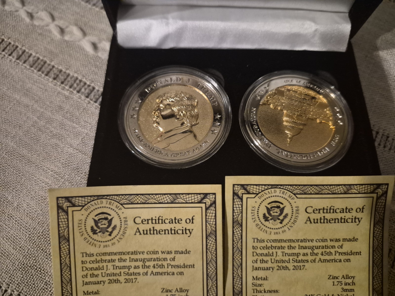 2 Trump 2024 Take America Back Hats w/ Zinc Alloy Coins & Pen, Memerobilia