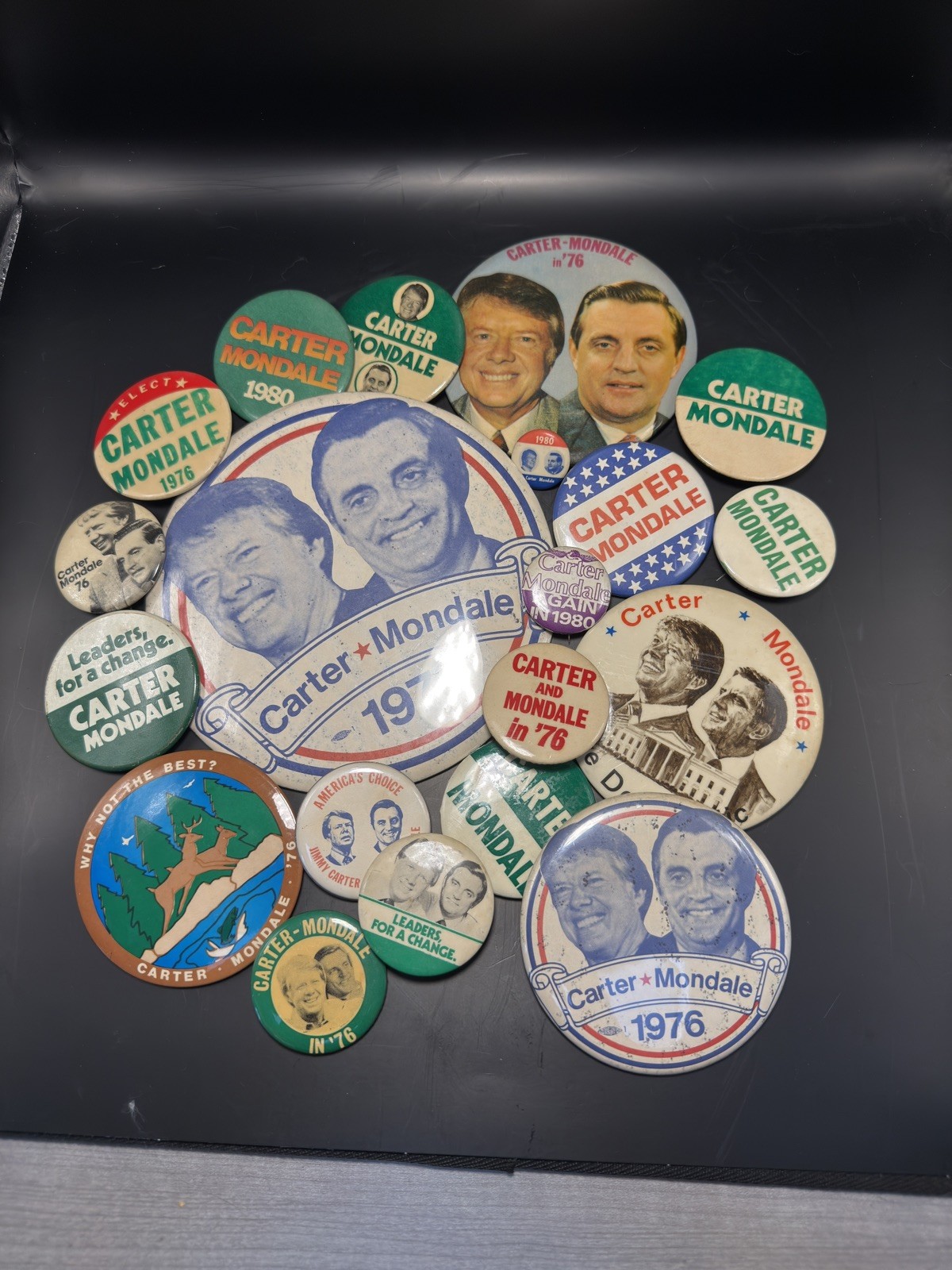 Vintage ’76/’80 Carter/Mondale Campaign Button lot (19) with lrg 6″ included