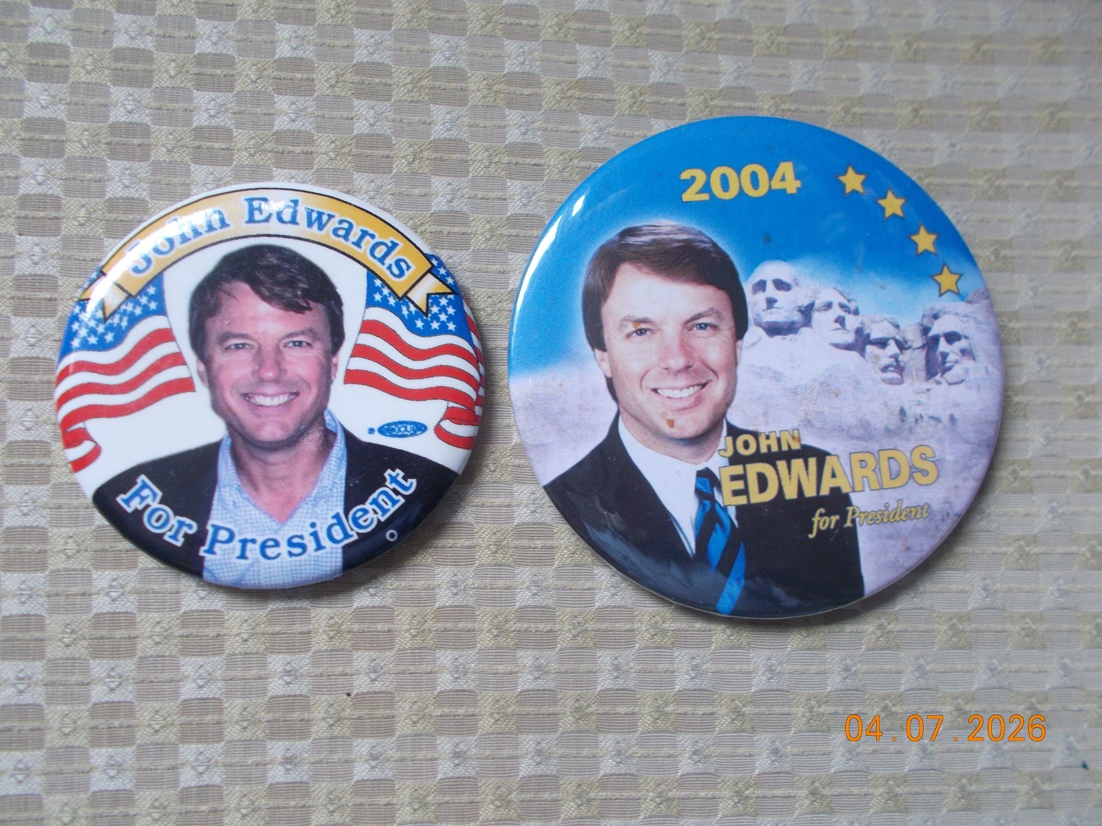 2 John Edwards Presidential Campaign Buttons One 3″ & One 2-1/4″ (missing pin)