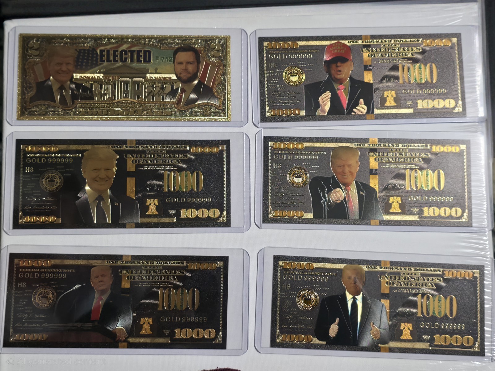 24Kt Gold Plated Foil Notes Donald Trump & Pence, Set of 6. With Certificate