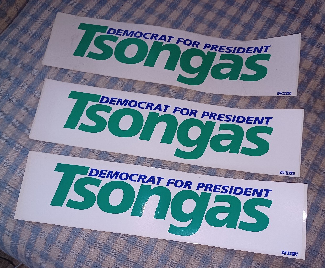 Set 3 Bumper Sticker LOT Paul Tsongas Democrat for President 1992 USA Union Made