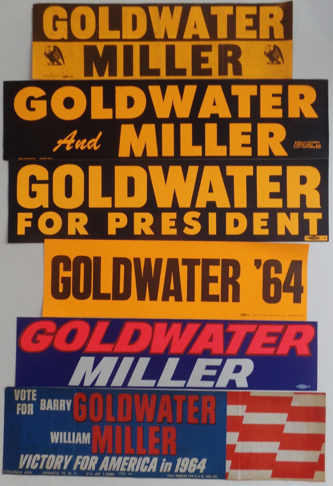 6- Diff (Barry) Goldwater (Bill) Miller 1964 Presidentl Campaign Bumper Stickers