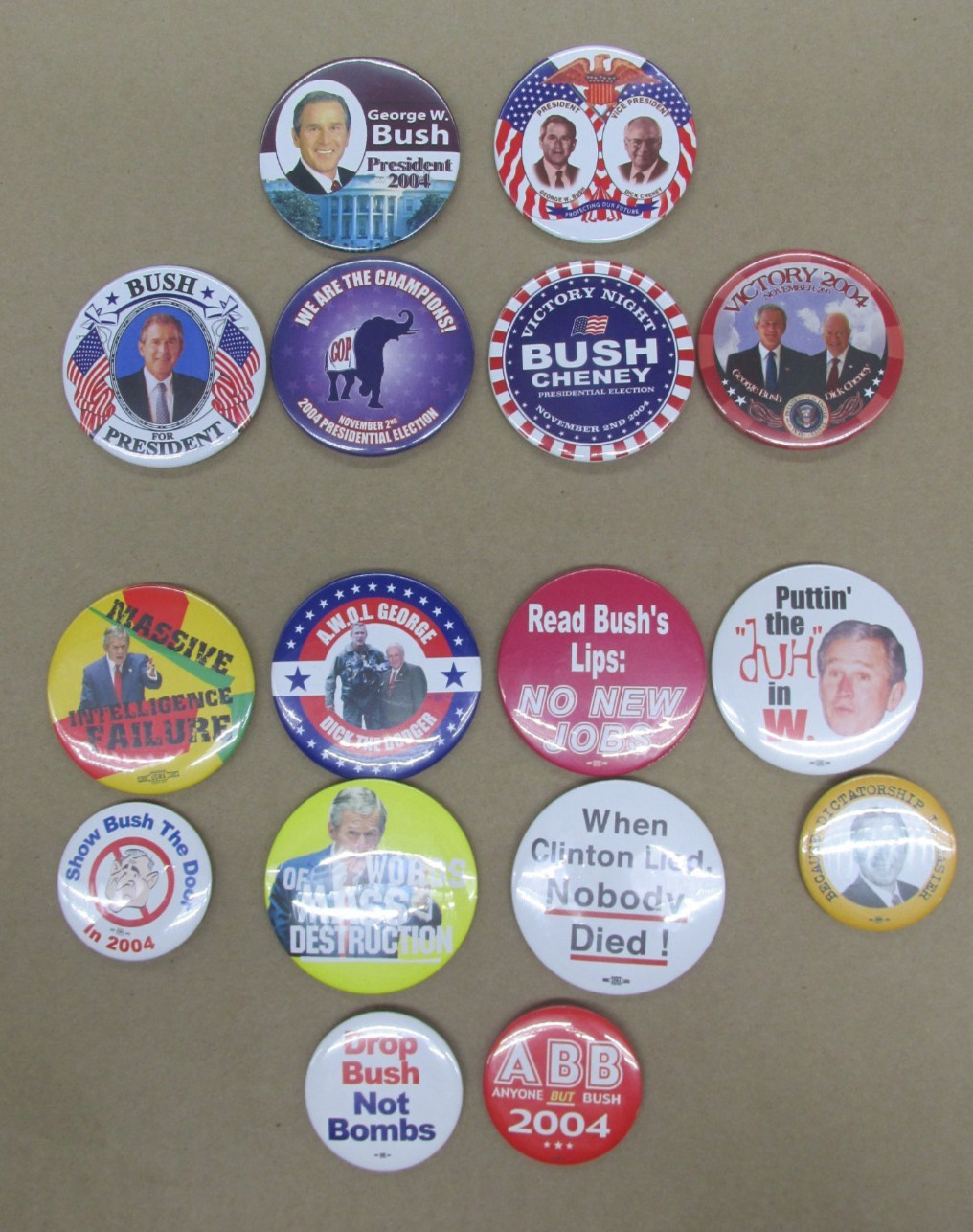 6 Pro / 10 Funny Anti George W. Bush 2004 Presidential Campaign Pin Buttons