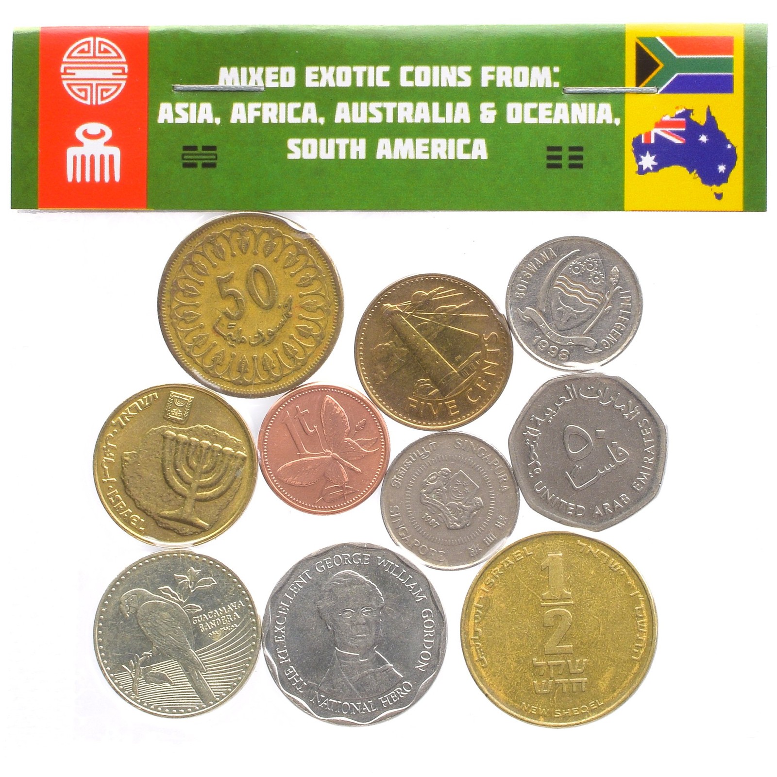 10 Exotic Coins from Asia, Middle East, Africa, Oceania, South America. Collecti
