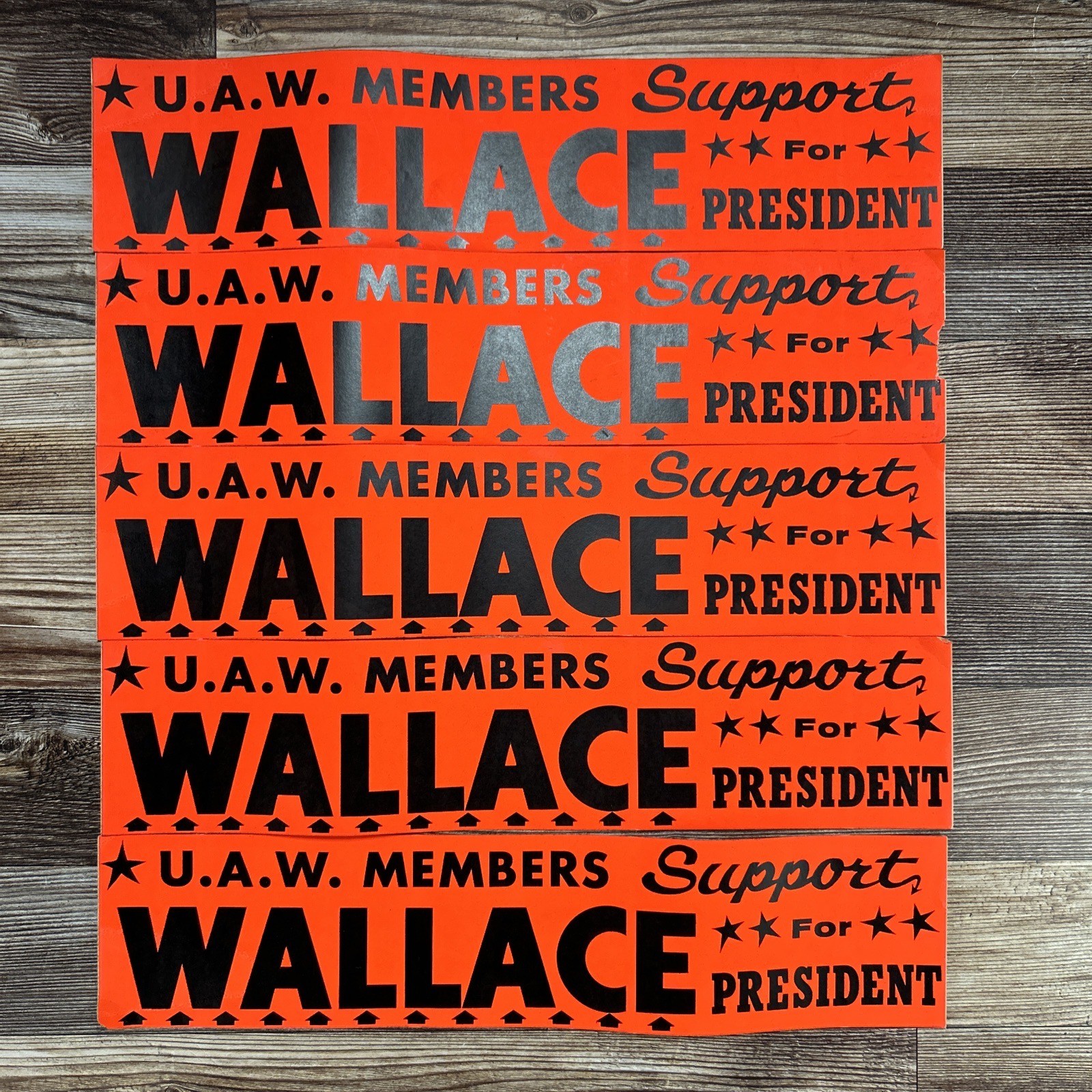 Vintage 1968 George Wallace For President Bumper Sticker Lot UAW Union Orange