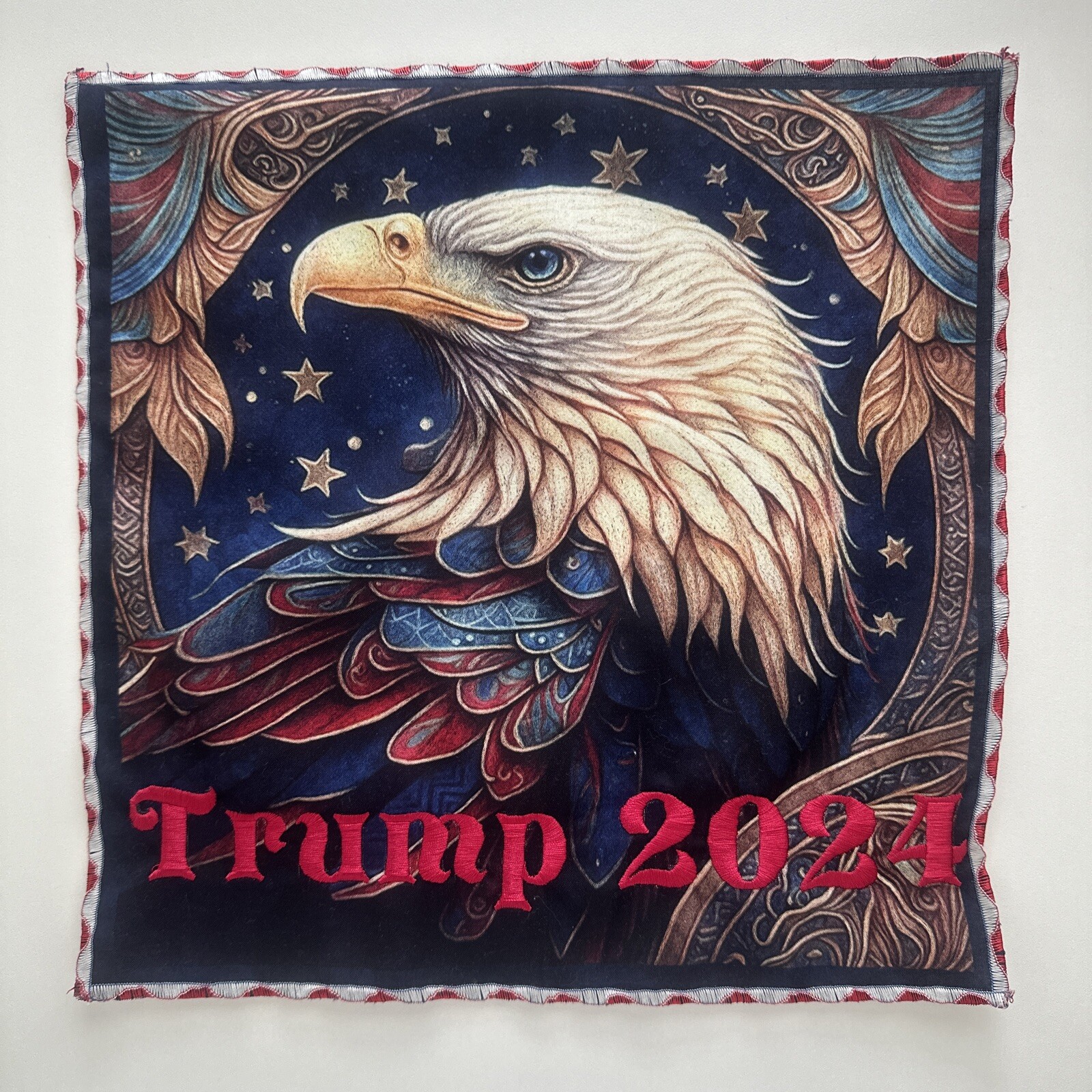 Trump 2024 Eagle Embroidered Fabric Square Red White Blue Wave Stitch Boarders