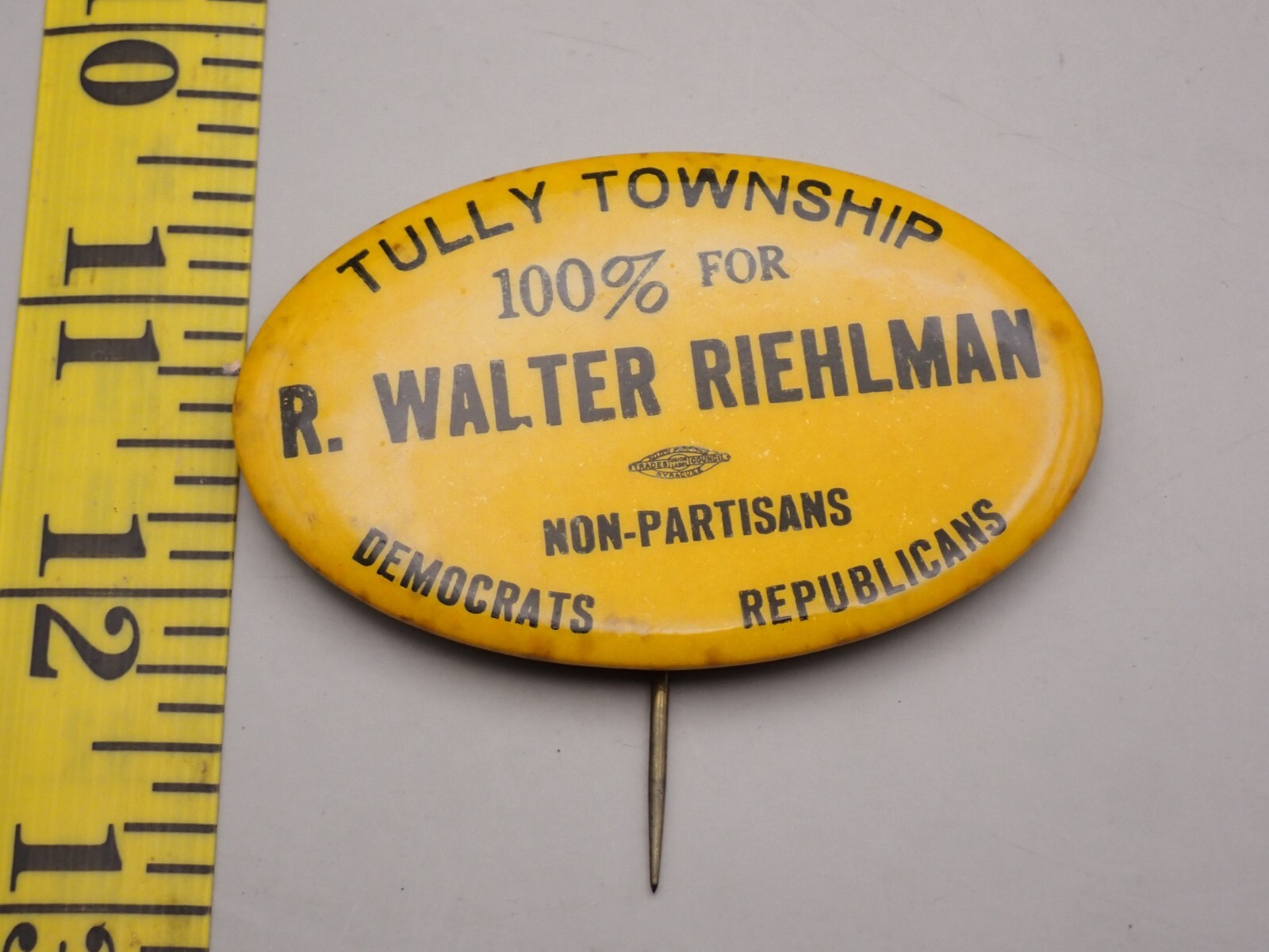Rare R. Walter Riehlman Election Pin Tully Township 1945 F7A8