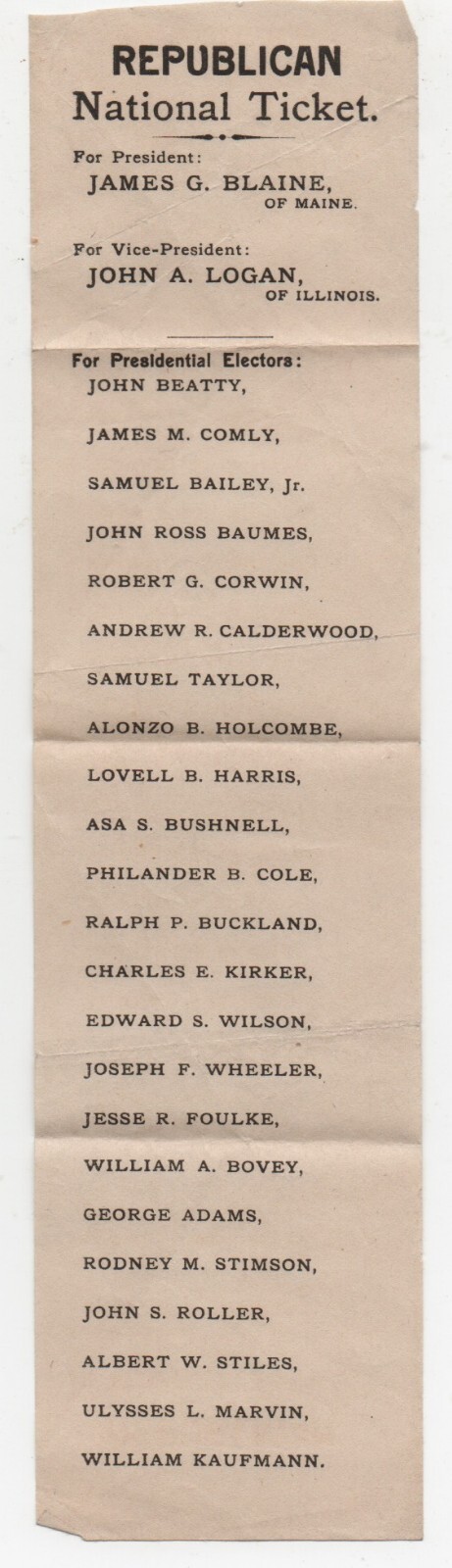 1884 Republican National Ticket from Ohio Blaine & Logan
