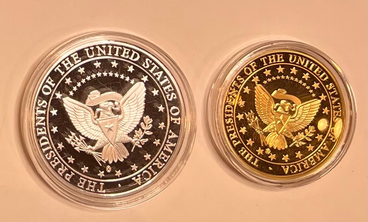 2017-2021 Donald Trump 2 Proof Coin Set Gold Plated 33mm & Silver Plated 40mm