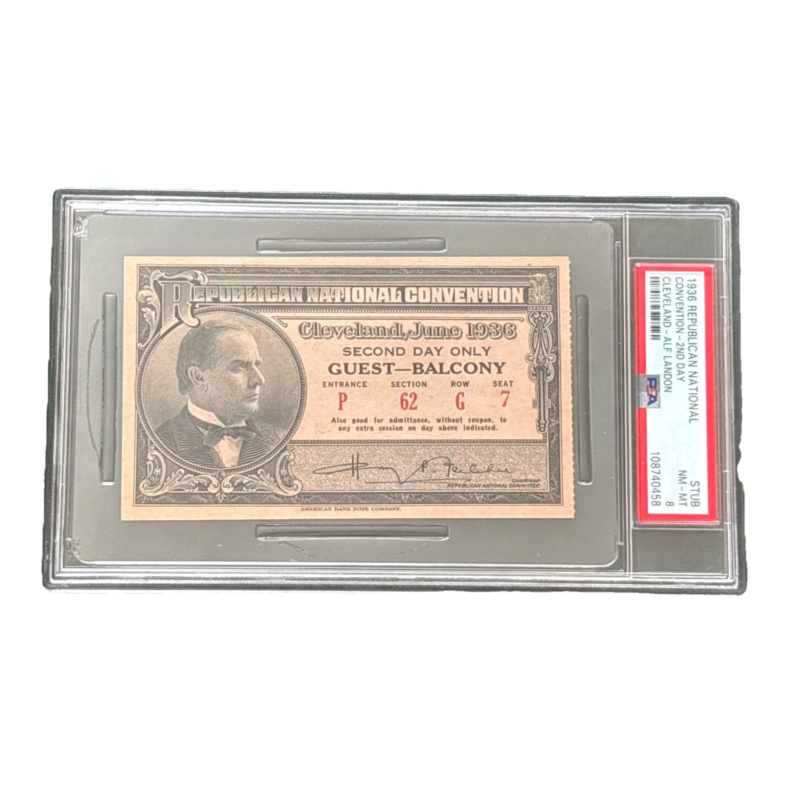 1936 Republican National Convention Governor Alf Landon Guest Ticket PSA