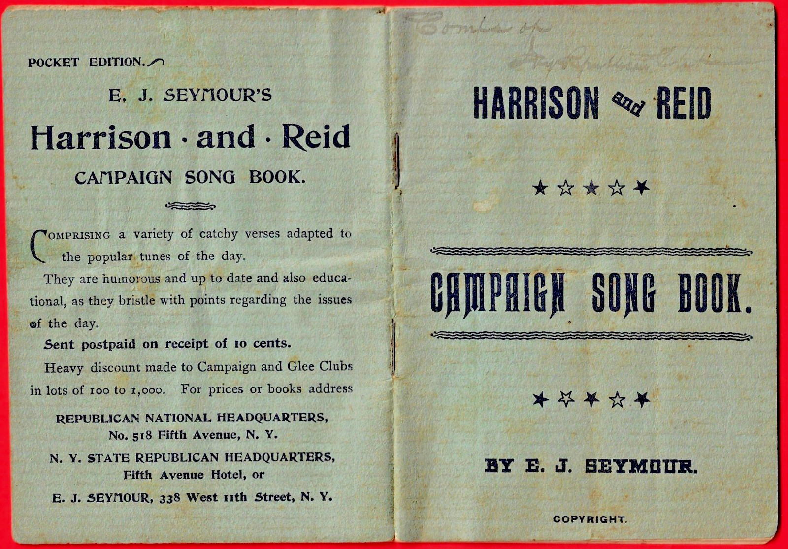 1892 HARRISON and REID CAMPAIGN SONG BOOK ~ Republican Candidates