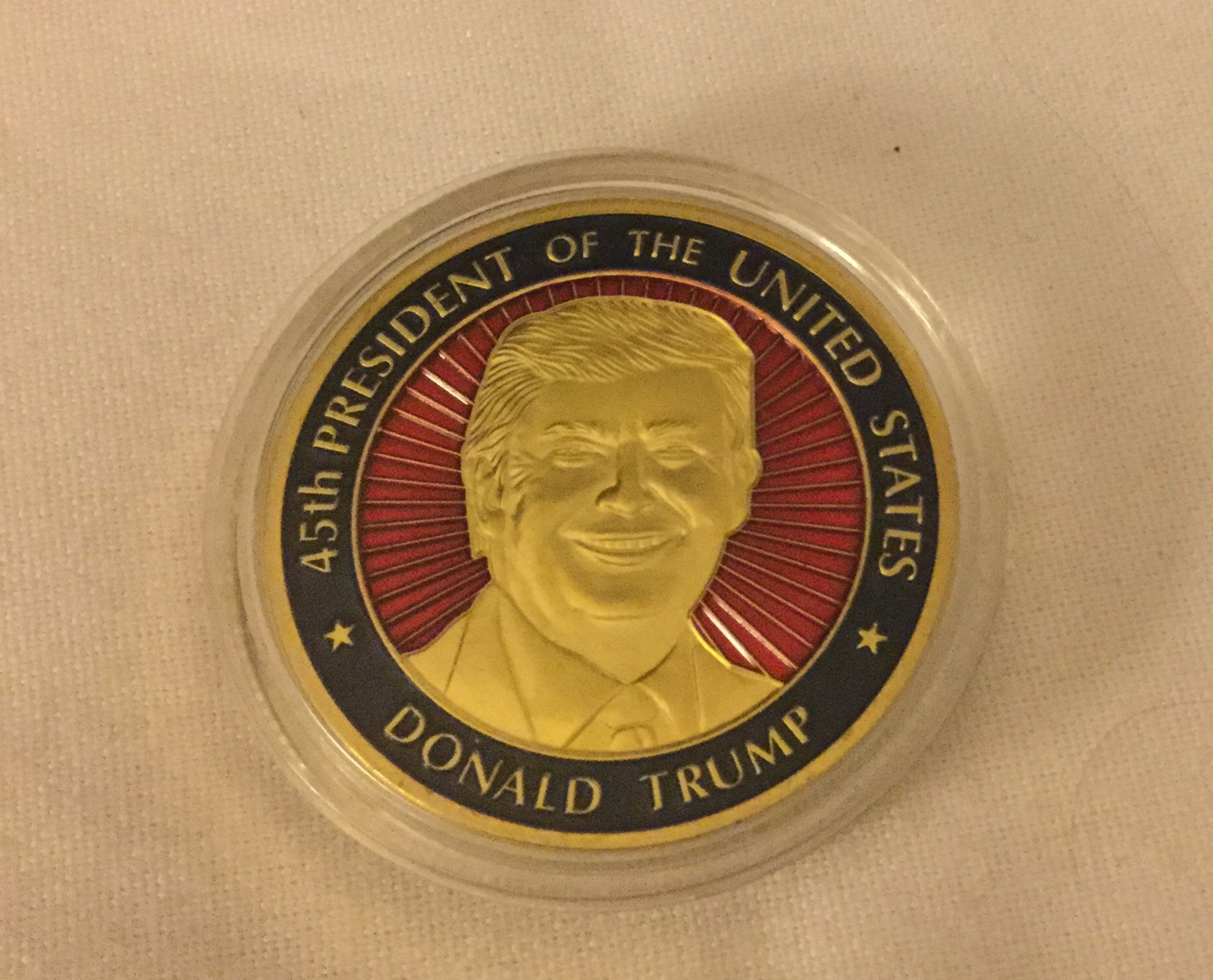 TRUMP CHALLENGE COIN in WOOD BOX PRES GOLD ENAMEL RED REPUBLICAN GOP EAGLE MAGA