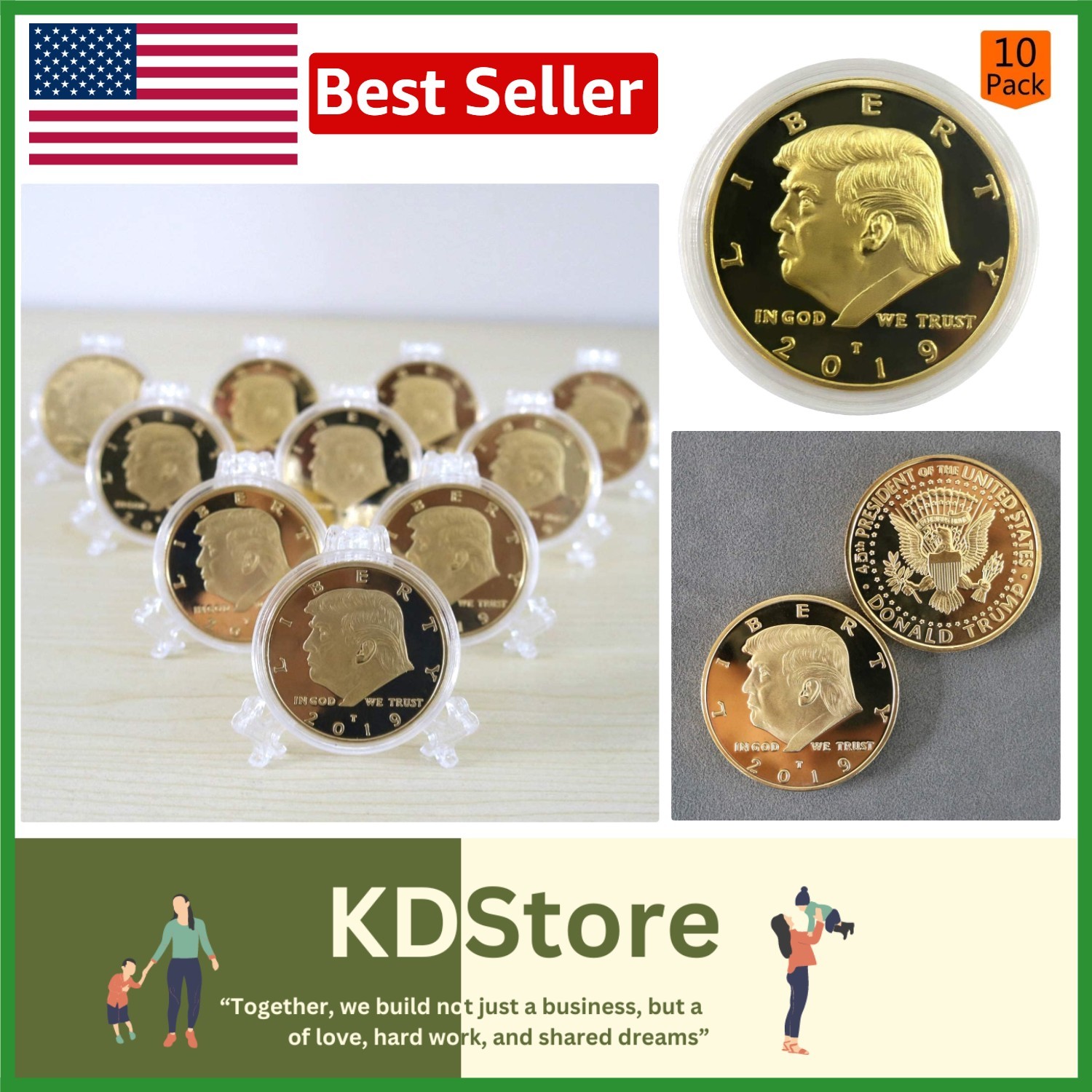 10 Pack Trump Commemorative Coins Gold Plated Collectible Gift Set 38mm
