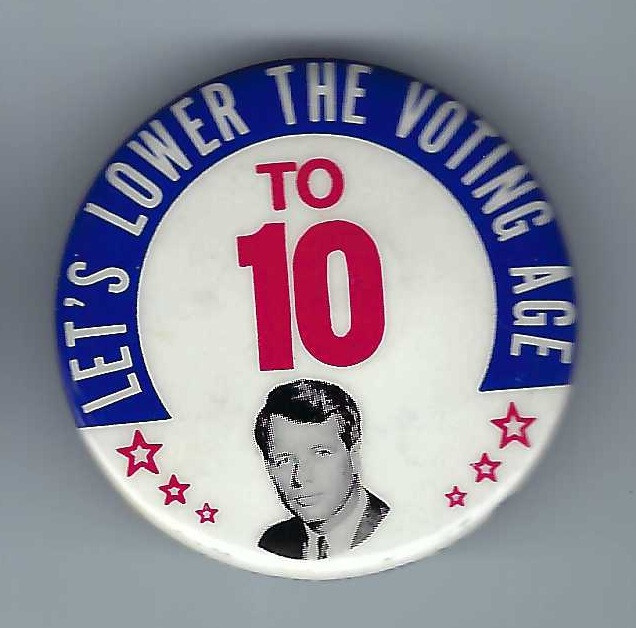 Robert “Bobby” Kennedy RFK 1968 Presidential campaign political pin Voting Age