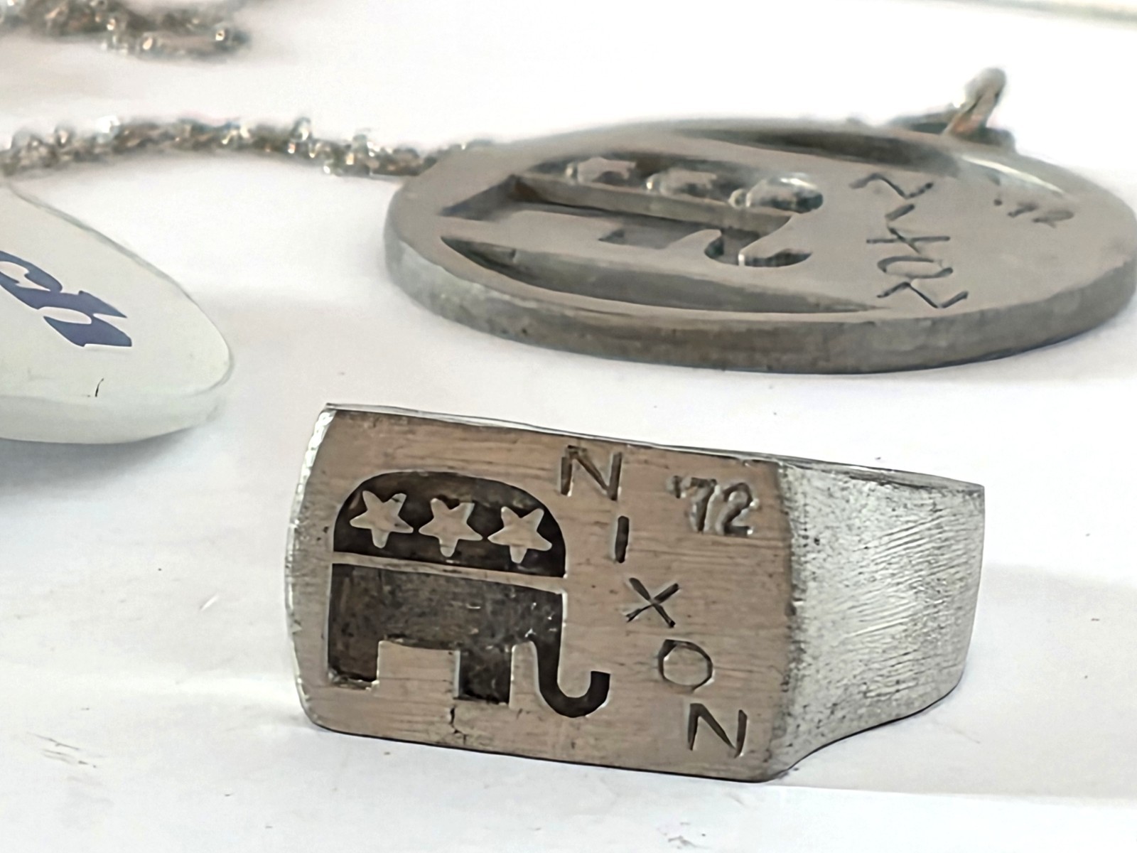 Watergate Era BUNDLE “Nixon ’72” Pendant Necklace & Ring & Impeach Nixon Pin