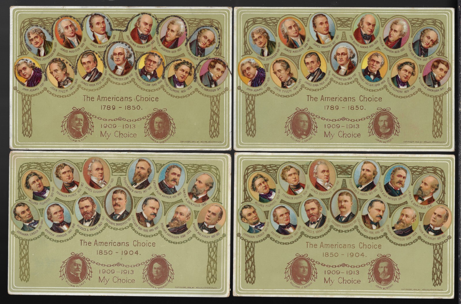 Matched Pairs Taft Sherman & Bryan Kern Post Election Postcard Sets W Presidents