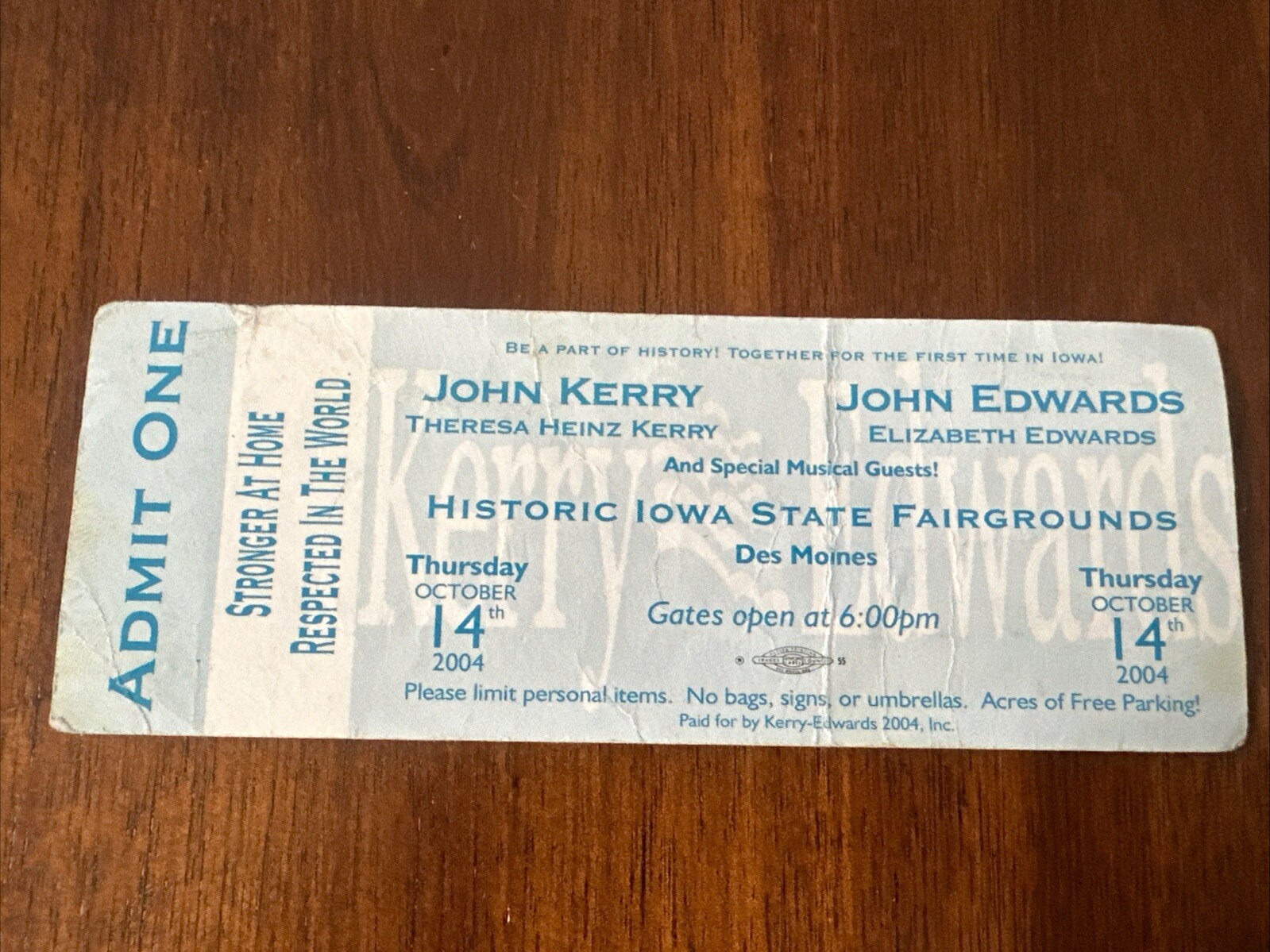 John Kerry John Edwards Iowa Presidential Rally October 2004 Ticket Stub Vintage