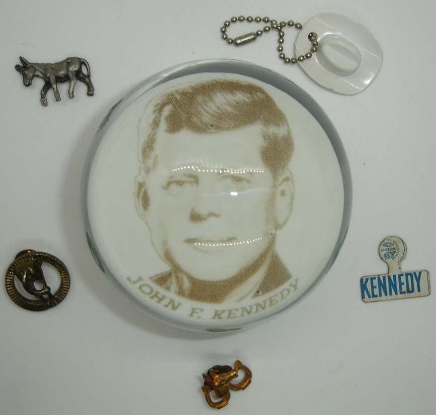 vtg. 1963 JOHN F KENNEDY political LOT art paperweight pin tab DONKEY JG Gentile