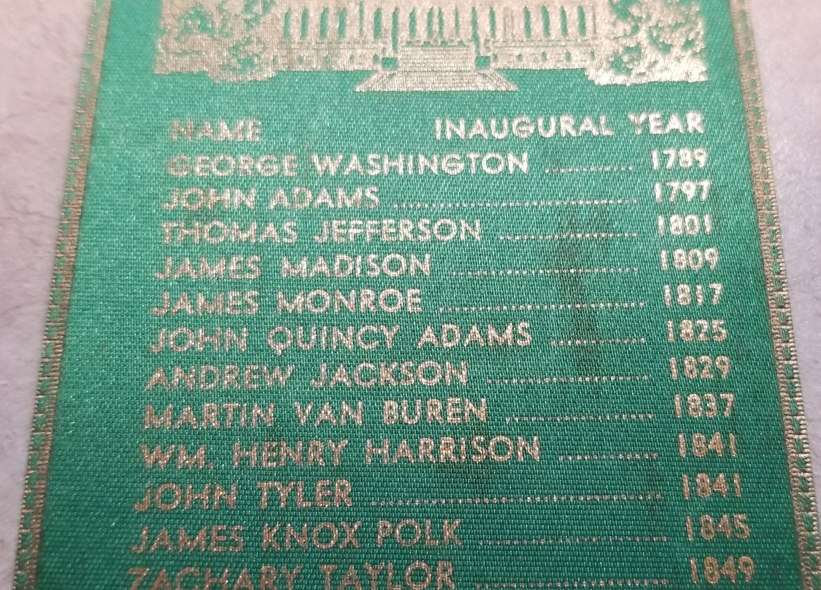 GREEN VTG SATIN PRESIDENTIAL BOOK MARKER PATRIOTIC THRU REAGAN ’81