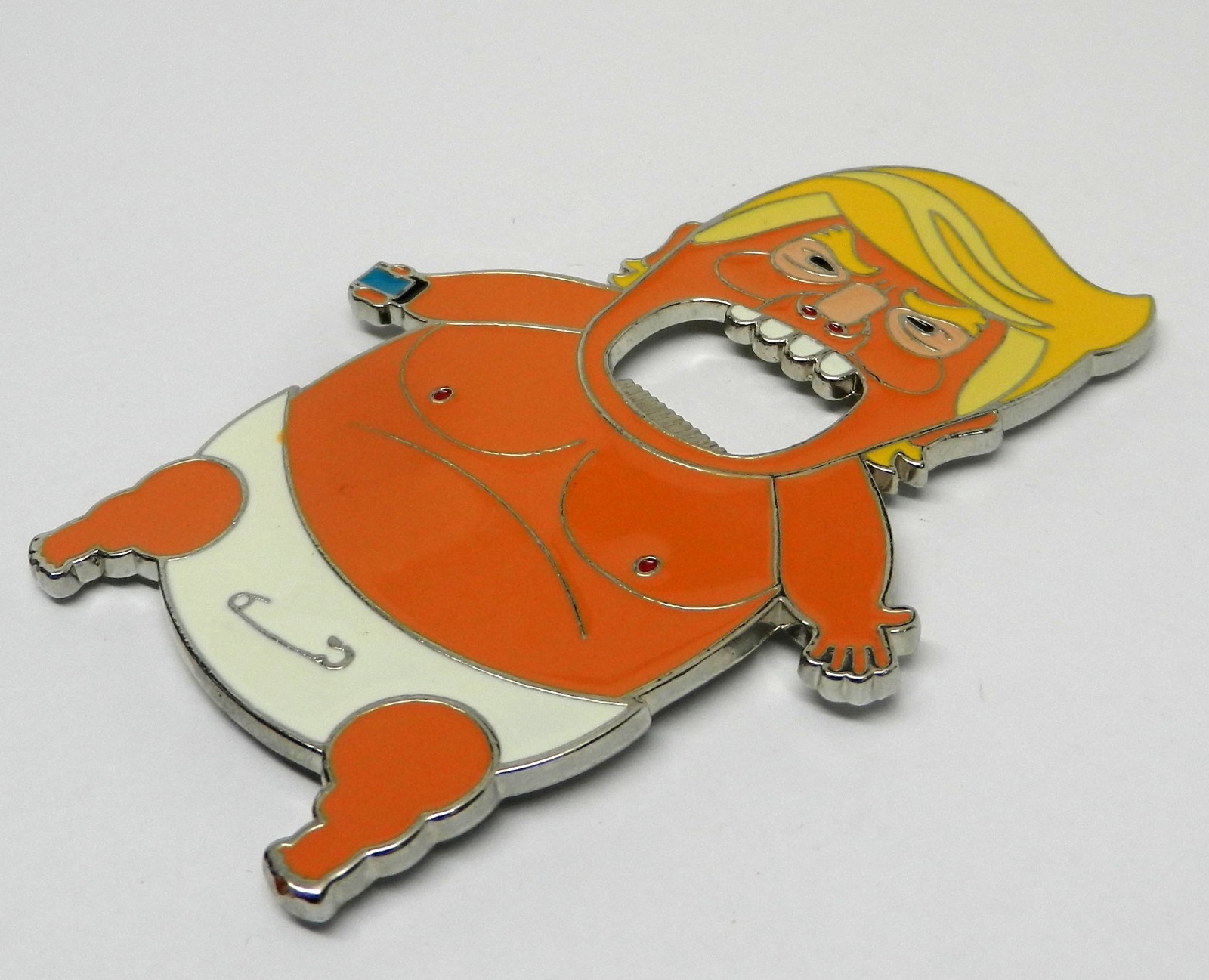 Anti Donald Trump “Baby Trump” in diaper magnetic metal & enamel bottle opener