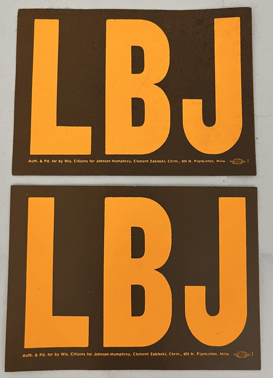 2 Vtg LBJ Lyndon B Johnson Presidential Bumper Stickers 1960’s