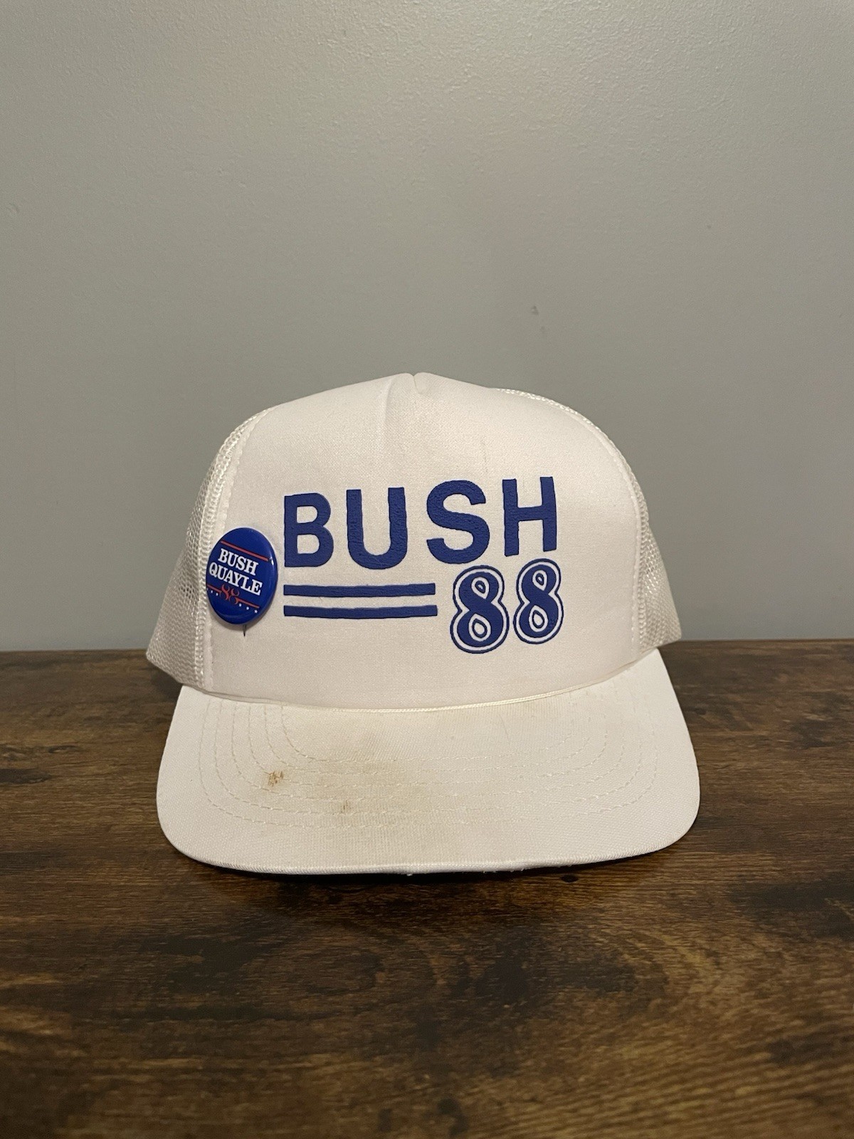 George Bush 1988 Tour Political Campaign White Trucker Hat W/ Button (H2)