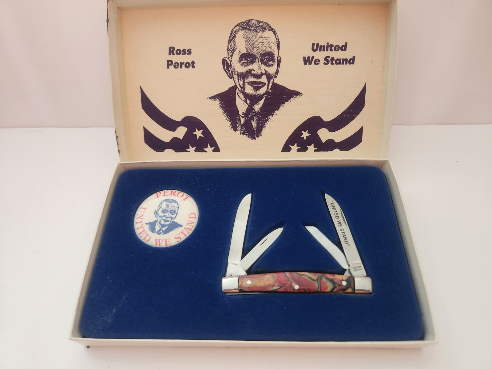 Vtg Ross Perot Solingen Rostfrei Knife w/Badge “UNITED WE STAND” Box Set #1587