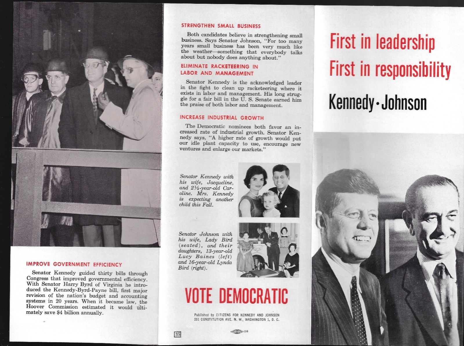 1960 John Kennedy Presidential Campaign Pamphlet w/ Johnson Shows Their Families