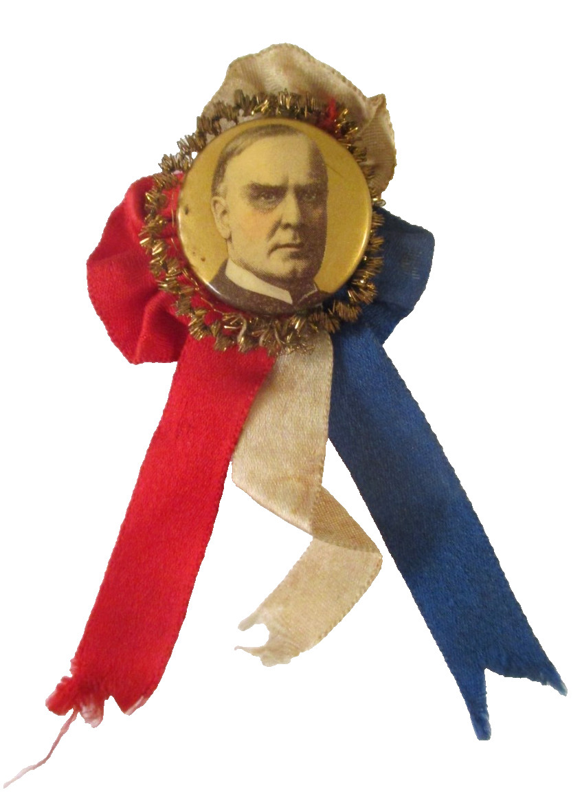 Vintage 1900 WILLIAM McKINLEY PICTURE POLITICAL PIN BACK GOLD WIRE RIBBON