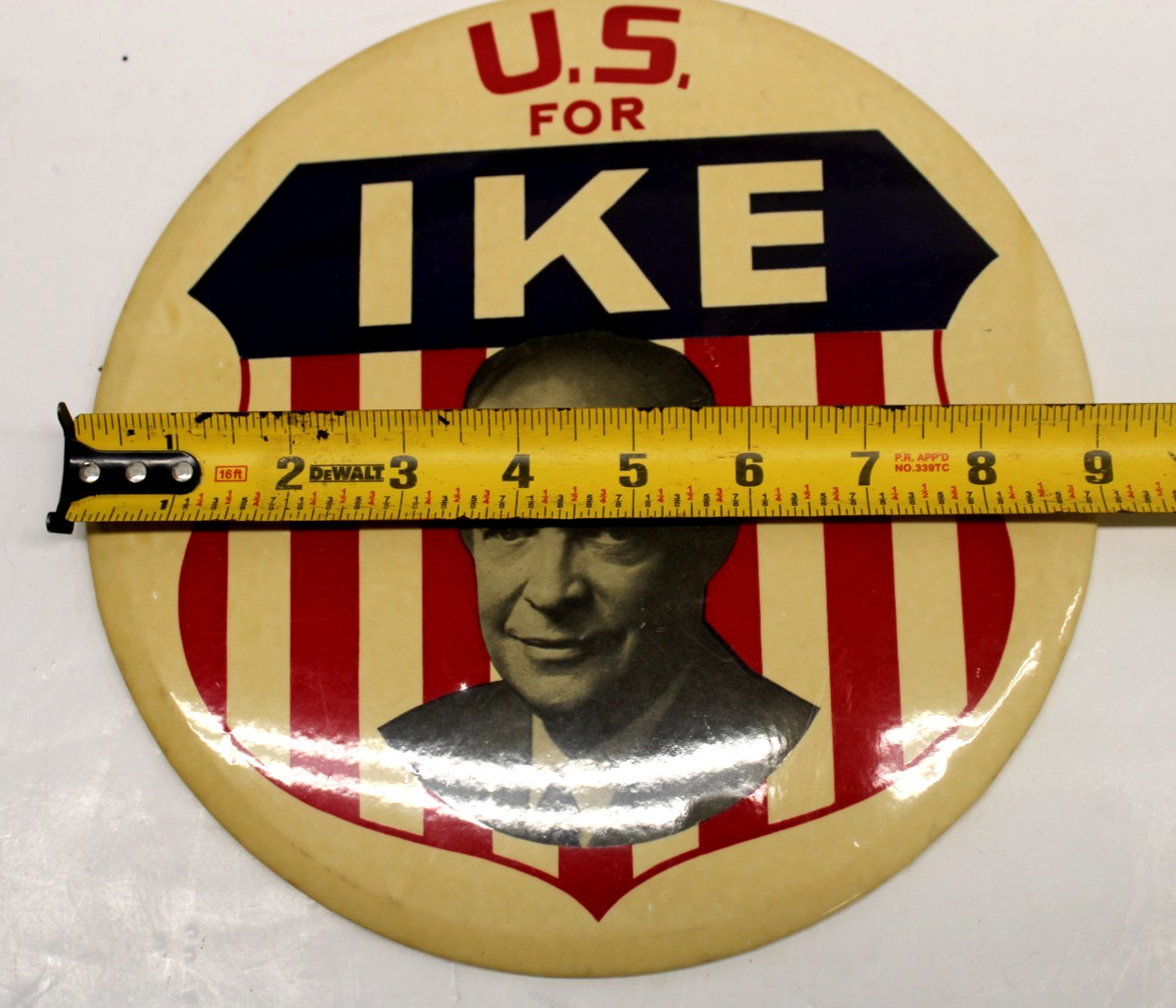 Vintage 1952 I Like Ike Large 9″ Celluloid Presidential Campaign Display Button