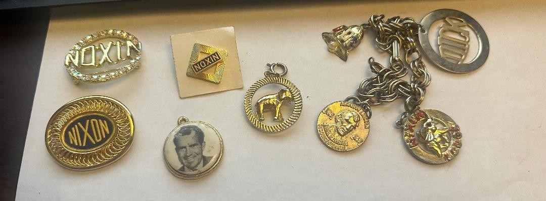 Vintage Richard Nixon Campaign Jewelry Lot – Rhinestone Pin, Bracelet, GOP Eleph