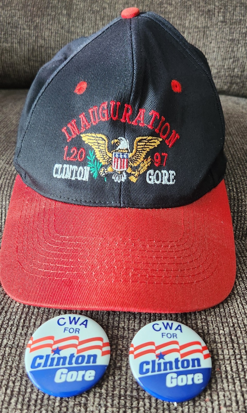 Vintage 1997 Clinton Gore Inauguration Hat KC Snapback + 2 Campaign Buttons