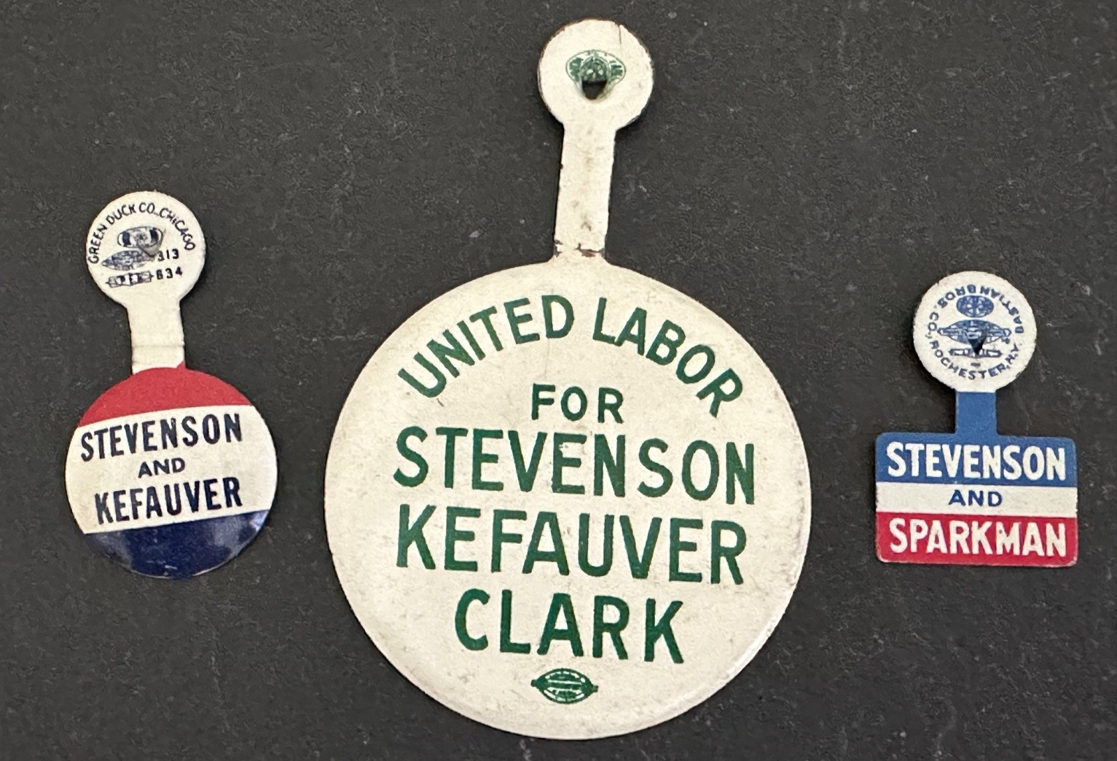ADLAI STEVENSON US PRESIDENTIAL CAMPAIGN TAB BUTTONS : KEFAUVER, SPARKMAN M90