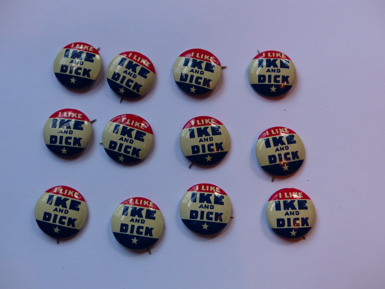1952 1956 Vintage “I Like IKE and DICK” Wholesale 12 Political 7/8″ Diam. Pins