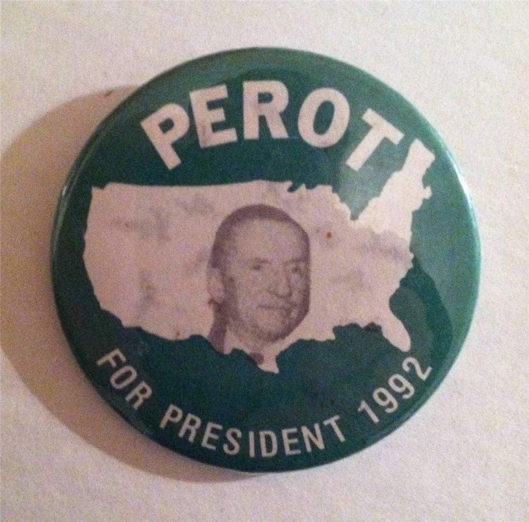 Perot For President 1992 Celluloid Pin Back 2 3/16″ With Photo on Map on Green