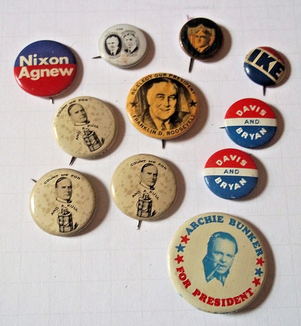 Political/Campaign Button Lot Archie Bunker- Roosevelt -Ike -Nixon