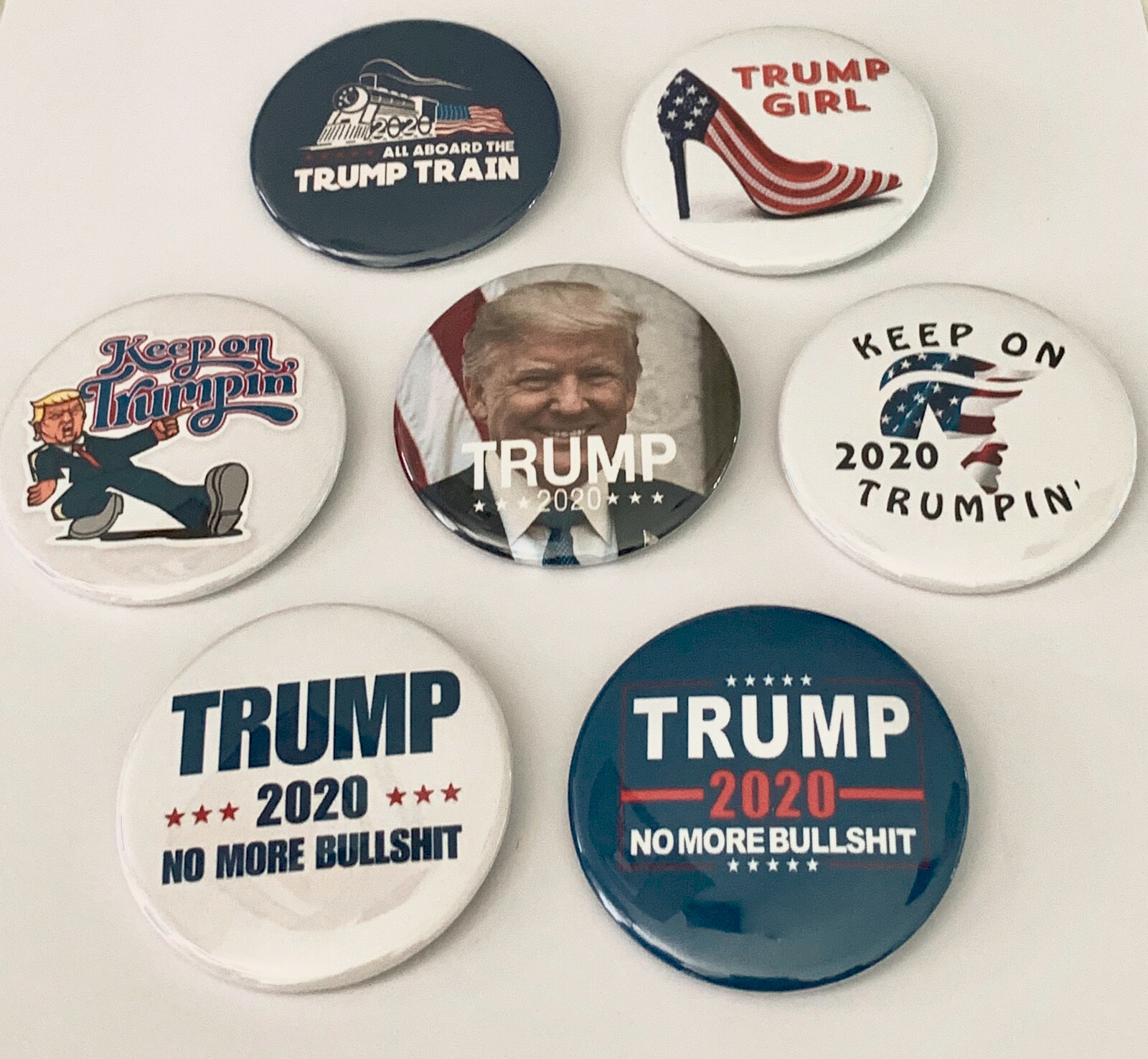Keep on Trumpin’ / No More Bullshit! — Trump 2020 Buttons, Set of 7 (2.25 inche