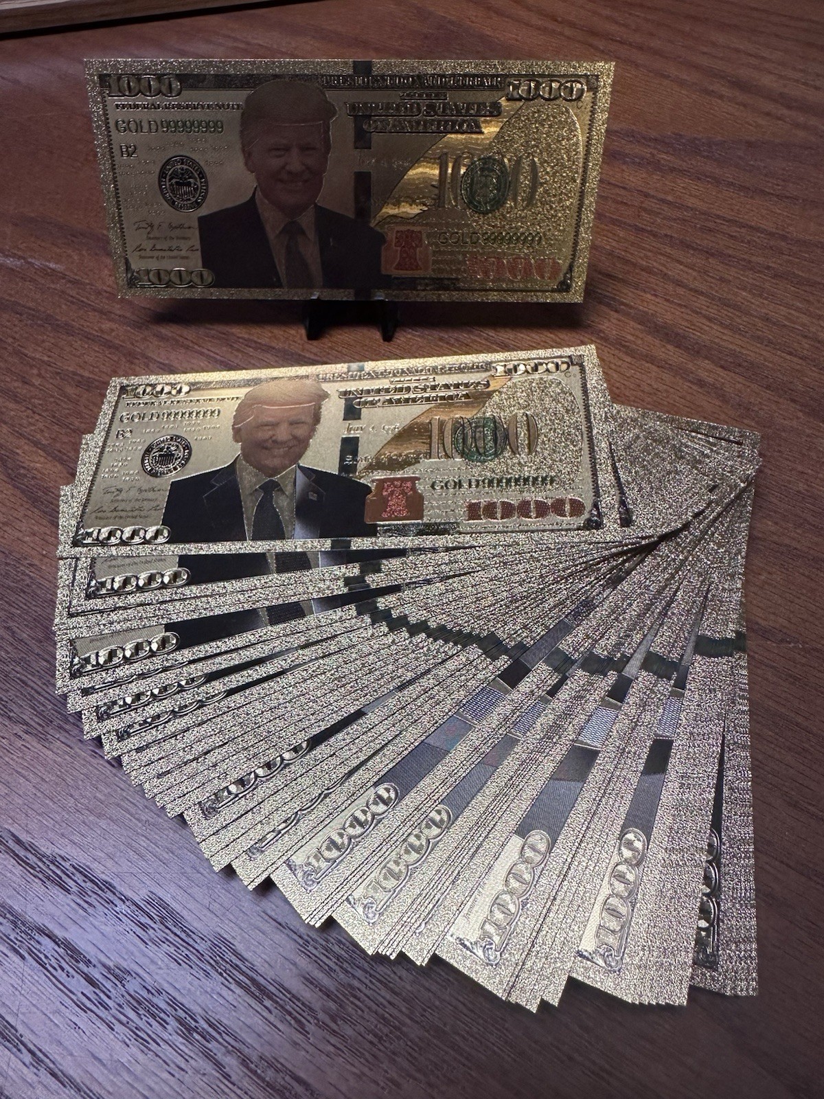 50 Pack of Gold Foil Trump Legacy 1000 Dollar Bills – MAGA Campaign