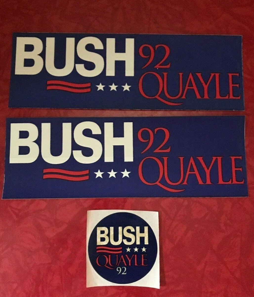 1992 BUSH / QUAYLE 9″ x 3″ two unused BUMPER STICKERS + one LAPEL STICKER