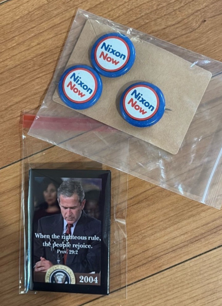Lot of 4 Political Campaign Pins – George W. Bush 2004 & Vintage “Nixon Now”