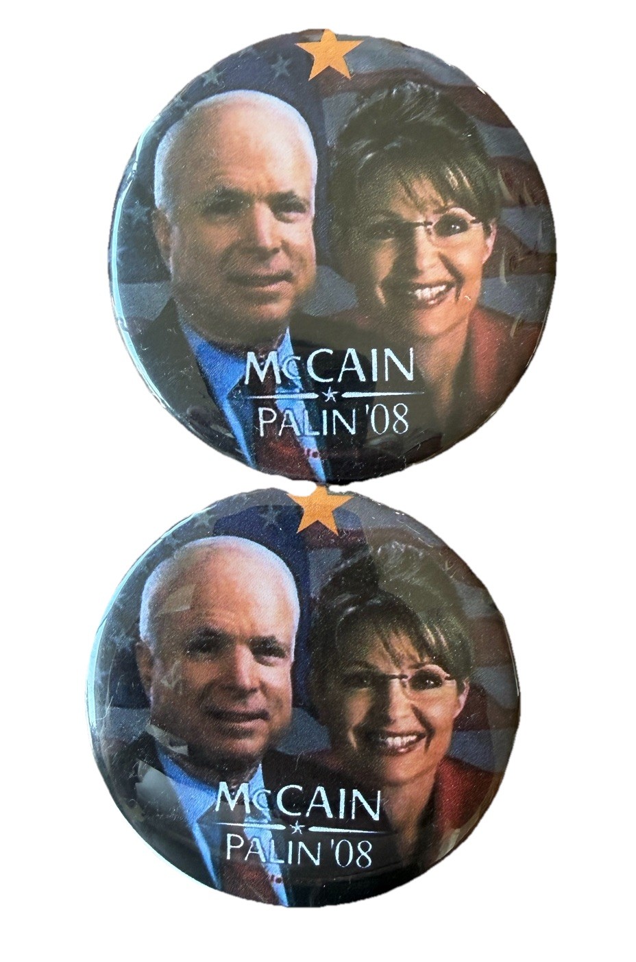 John McCain Sarah Palin 2008 Presidential Campaign Buttons Pinbacks 3″ PAIR OF 2
